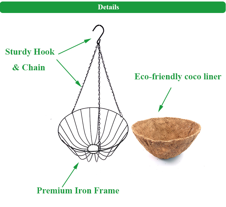 Hanging Flower Basket Indoor Outdoor Porch Pots Hanger Home Garden Metal Wire Hanging Basket Planter With Coconut